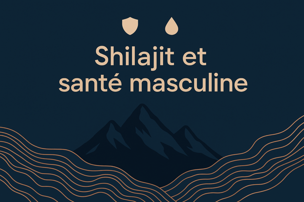 Illustration Shilajit santé prostate avec montagne Himalaya et symboles urinaires