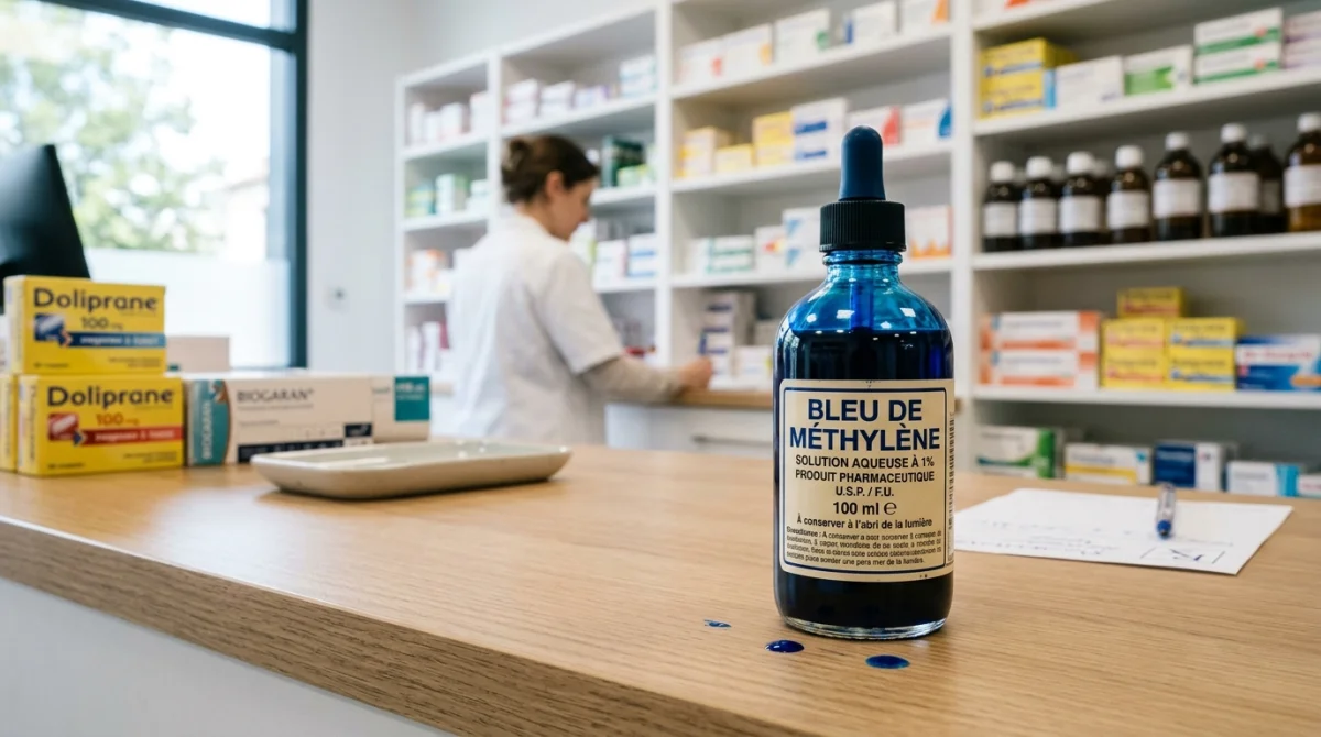Bouteille de bleu de méthylène en pharmacie, liquide bleu vif sur comptoir professionnel.