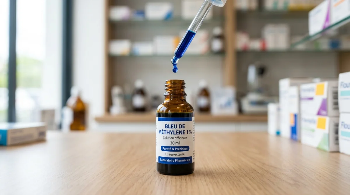 Flacon de bleu de méthylène en pharmacie, goutte de pipette, pureté et précision