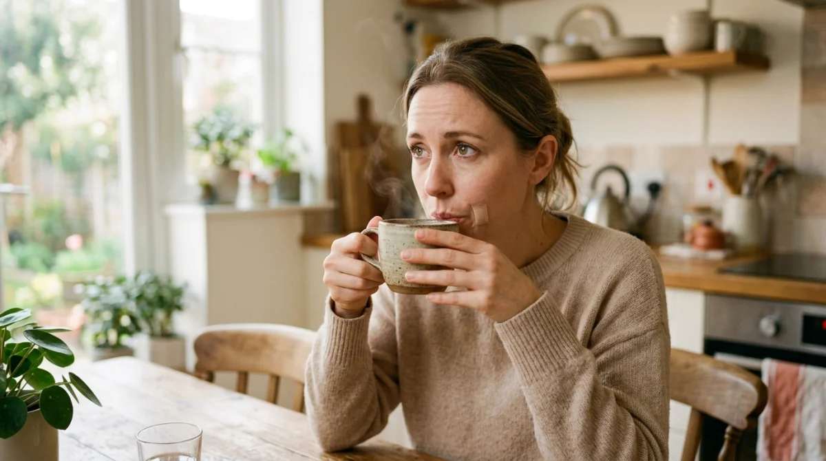 Personne réfléchissant en buvant du café après une extraction dentaire.