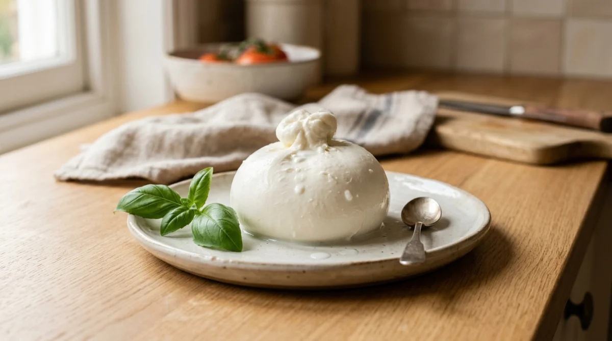 Burrata crémeuse sur assiette, texture lactée, idéale pour une alimentation enceinte et sécuritaire.