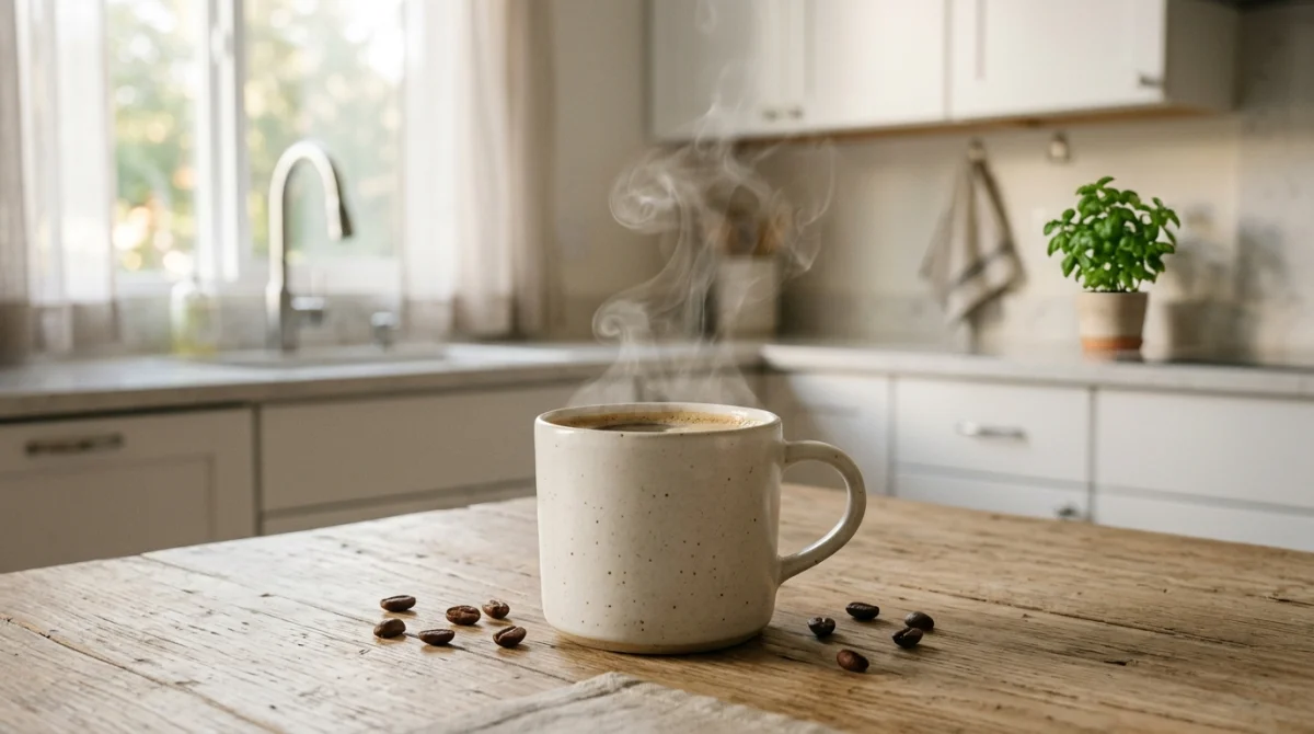 Tasse de café fumante sur table de cuisine, évoquant la réflexion sur la consommation post-extraction dentaire.