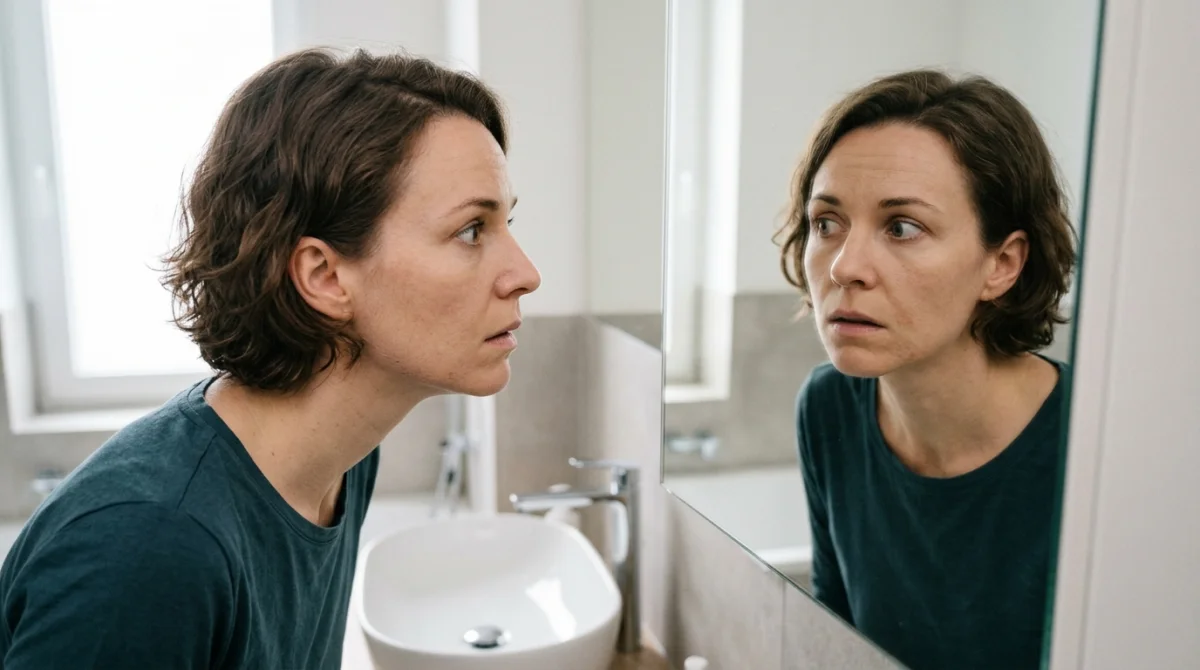 Personne inquiète observant le reflet d'une opération maxillo-faciale discrètement altérée dans un miroir.