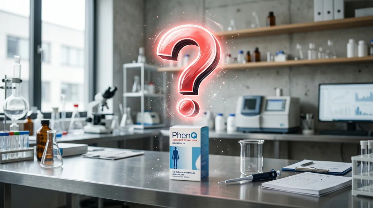 Boîte de PhenQ sous un point d'interrogation, symbolisant le doute sur son interdiction en France.