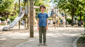 Garçon de 10 ans souriant debout dans un parc pour illustrer la taille moyenne d'un garçon de 10 ans.
