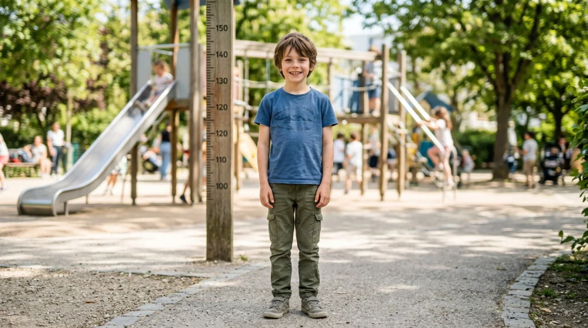 Garçon de 10 ans souriant debout dans un parc pour illustrer la taille moyenne d'un garçon de 10 ans.