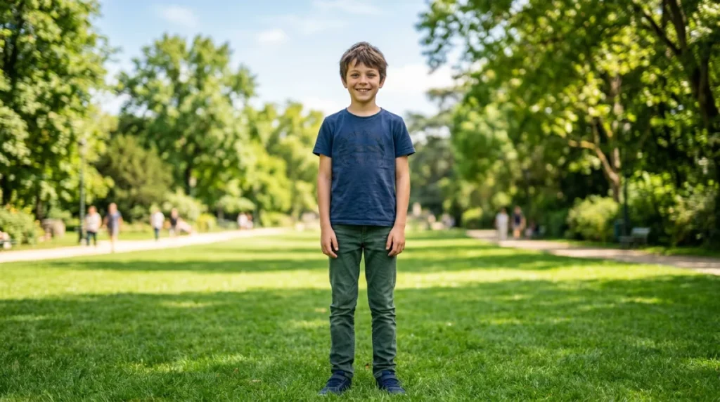 Jeune garçon de 11 ans souriant debout dans un parc, illustrant la taille moyenne à cet âge.