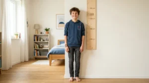 Adolescent souriant mesurant sa taille devant une toise murale pour illustrer la taille moyenne garçon 13 ans.
