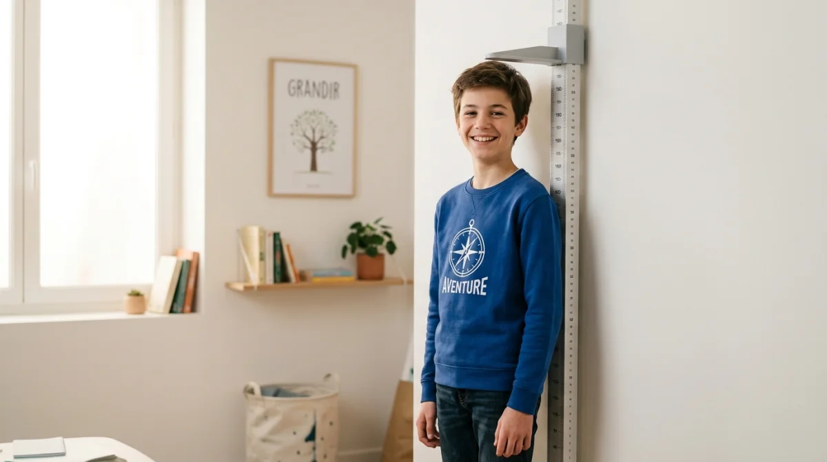 Adolescent souriant se tenant droit devant une toise murale pour mesurer sa taille moyenne à 14 ans.