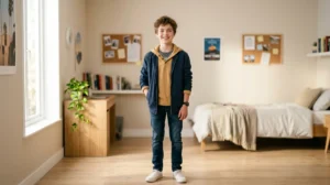 Adolescent souriant dans une chambre moderne pour illustrer la taille moyenne d'un garçon de 15 ans.