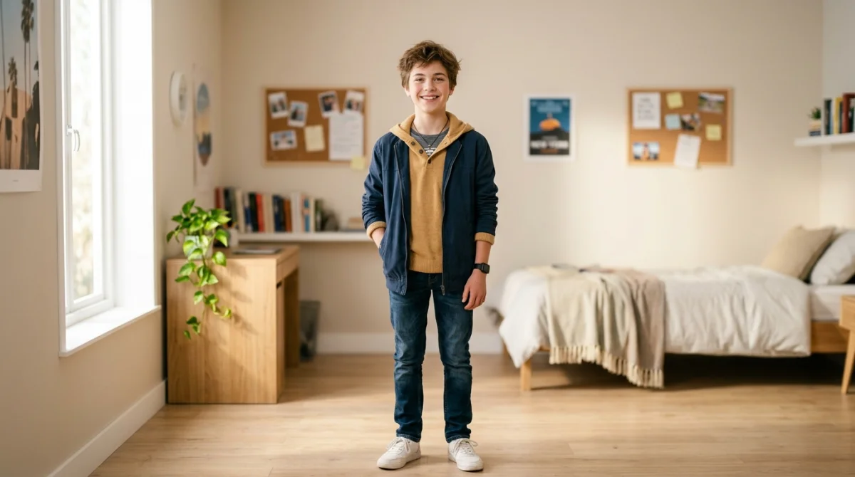 Adolescent souriant dans une chambre moderne pour illustrer la taille moyenne d'un garçon de 15 ans.