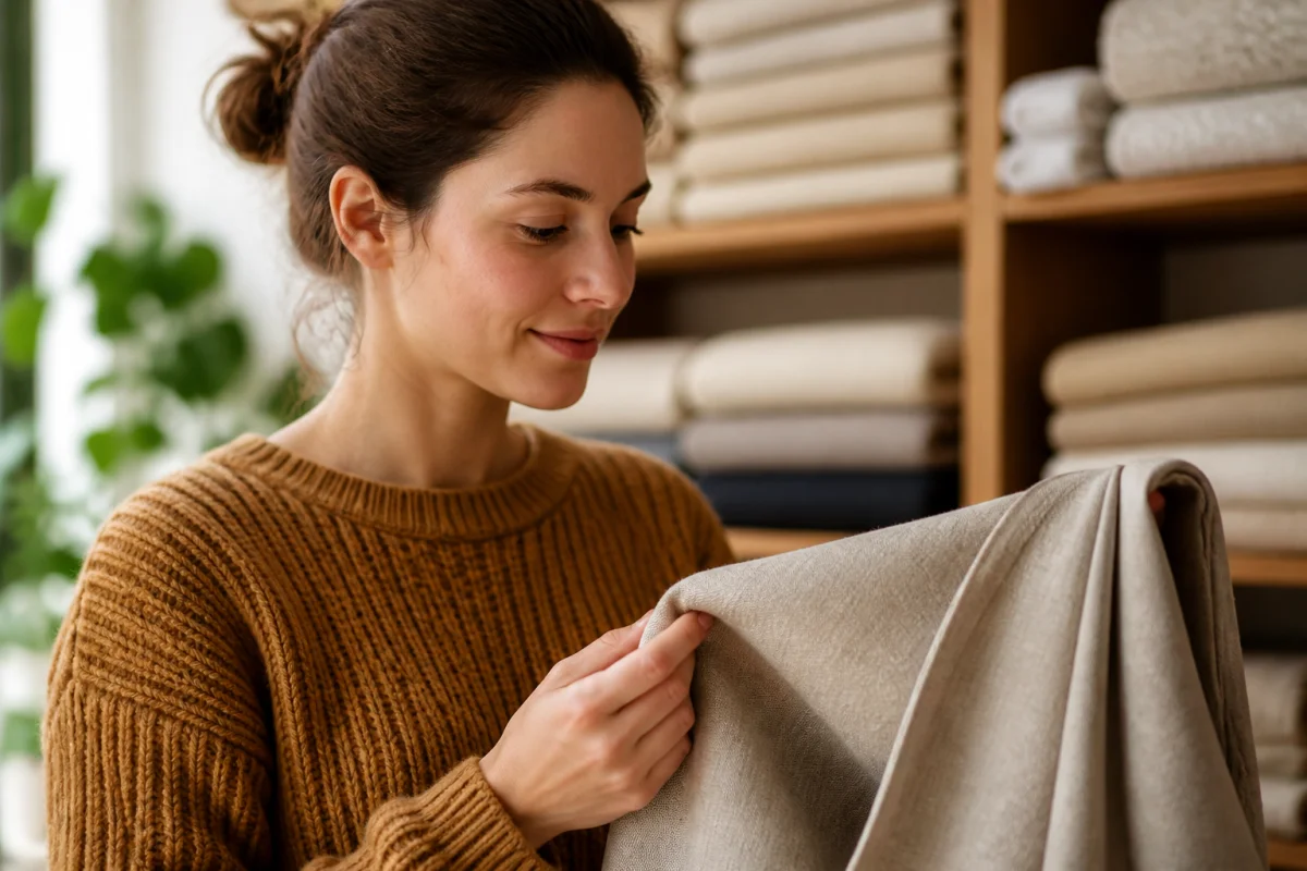 Jeune femme en pull ocre examinant la qualité d'un vêtement, illustration pour un article sur les avis Athena Shop.
