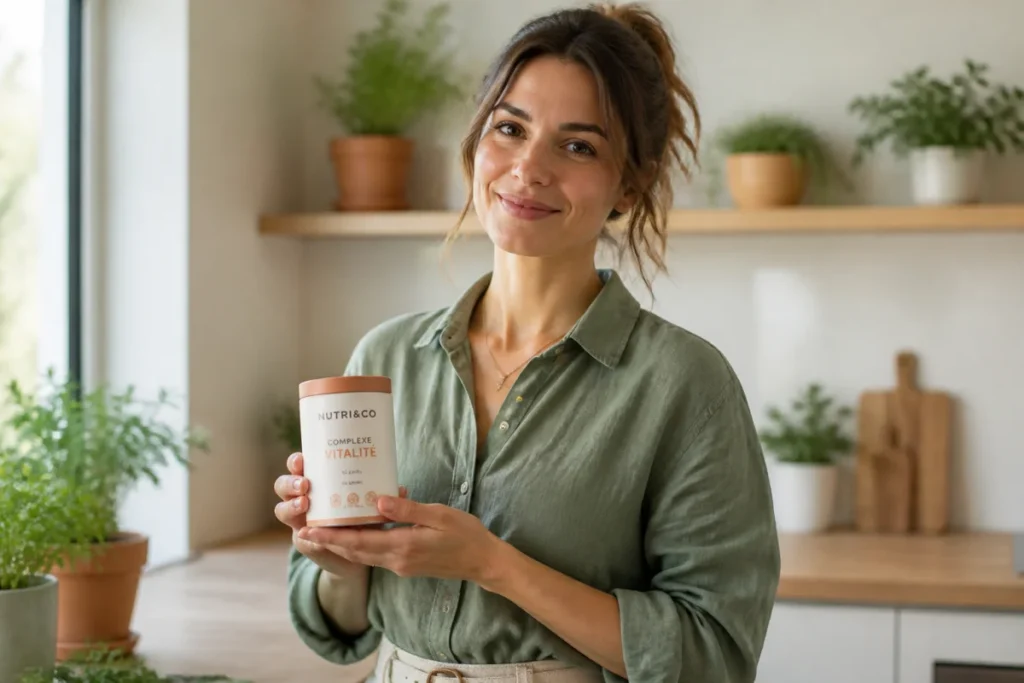 Femme souriante tenant un complément alimentaire Gyneika dans une cuisine lumineuse pour illustrer nos avis clients.