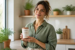 Femme souriante tenant un complément alimentaire Gyneika dans une cuisine lumineuse pour illustrer nos avis clients.