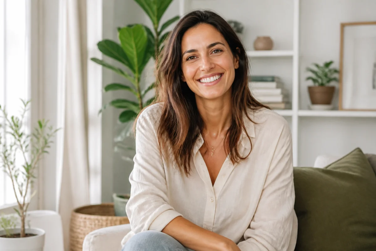 Femme épanouie et souriante dans un intérieur lumineux, illustrant l'avis positif sur la marque Nala pour elle.