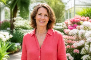 Femme épanouie et souriante en chemisier corail dans un jardin botanique, illustrant bien-être et vitalité pour Nala pour elle.