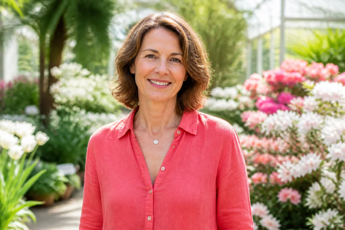 Femme épanouie et souriante en chemisier corail dans un jardin botanique, illustrant bien-être et vitalité pour Nala pour elle.