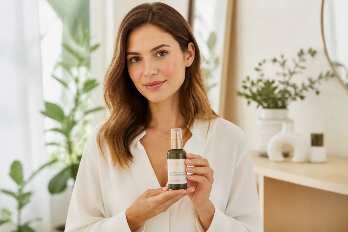 Une personne élégante présente un produit de soin haut de gamme dans un intérieur lumineux, idéal pour Athena Shop avis.