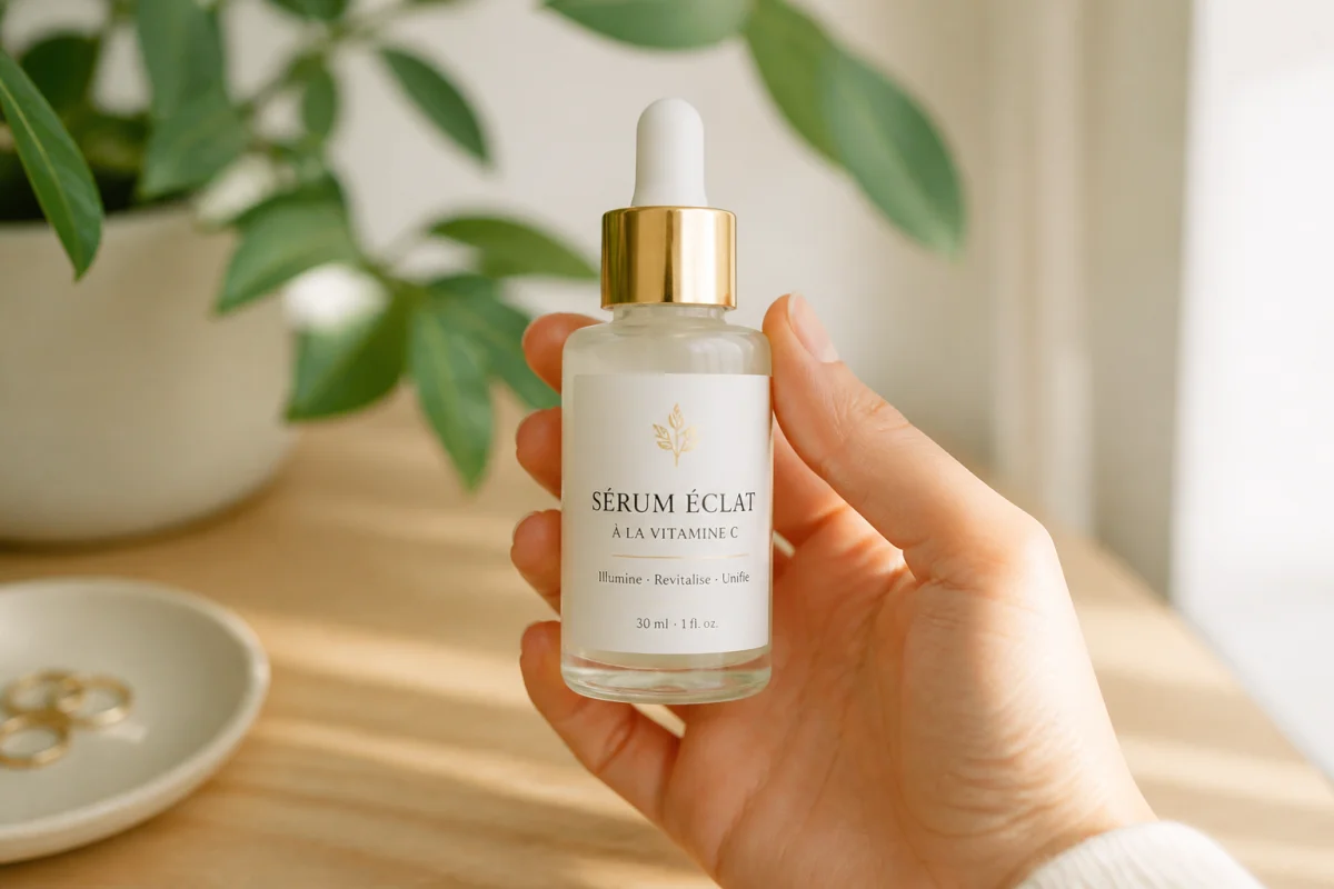 Main tenant délicatement un flacon de soin cosmétique Dawtox sur un fond végétal pour illustrer notre avis.