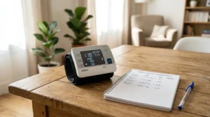 Tensiomètre électronique posé sur une table en bois avec une feuille de suivi pour calculer sa tension sur 3 jours.