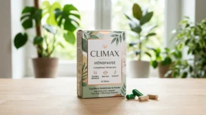 Coffret de complément alimentaire Climax ménopause avec gélules sur fond de bois clair, idéal pour avis bien-être.