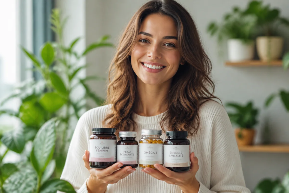 Jeune femme souriante présentant des compléments alimentaires Gyneika dans un intérieur lumineux pour un avis bien-être.