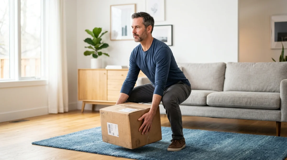 Homme soulevant un carton avec une posture ergonomique, genoux fléchis et dos droit pour prévenir une hernie inguinale.