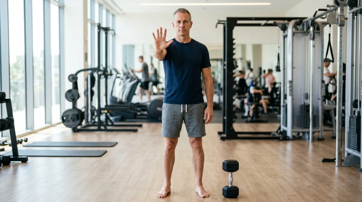 Homme en salle de sport faisant un geste d'arrêt pour illustrer les mouvements à éviter avec une hernie inguinale.