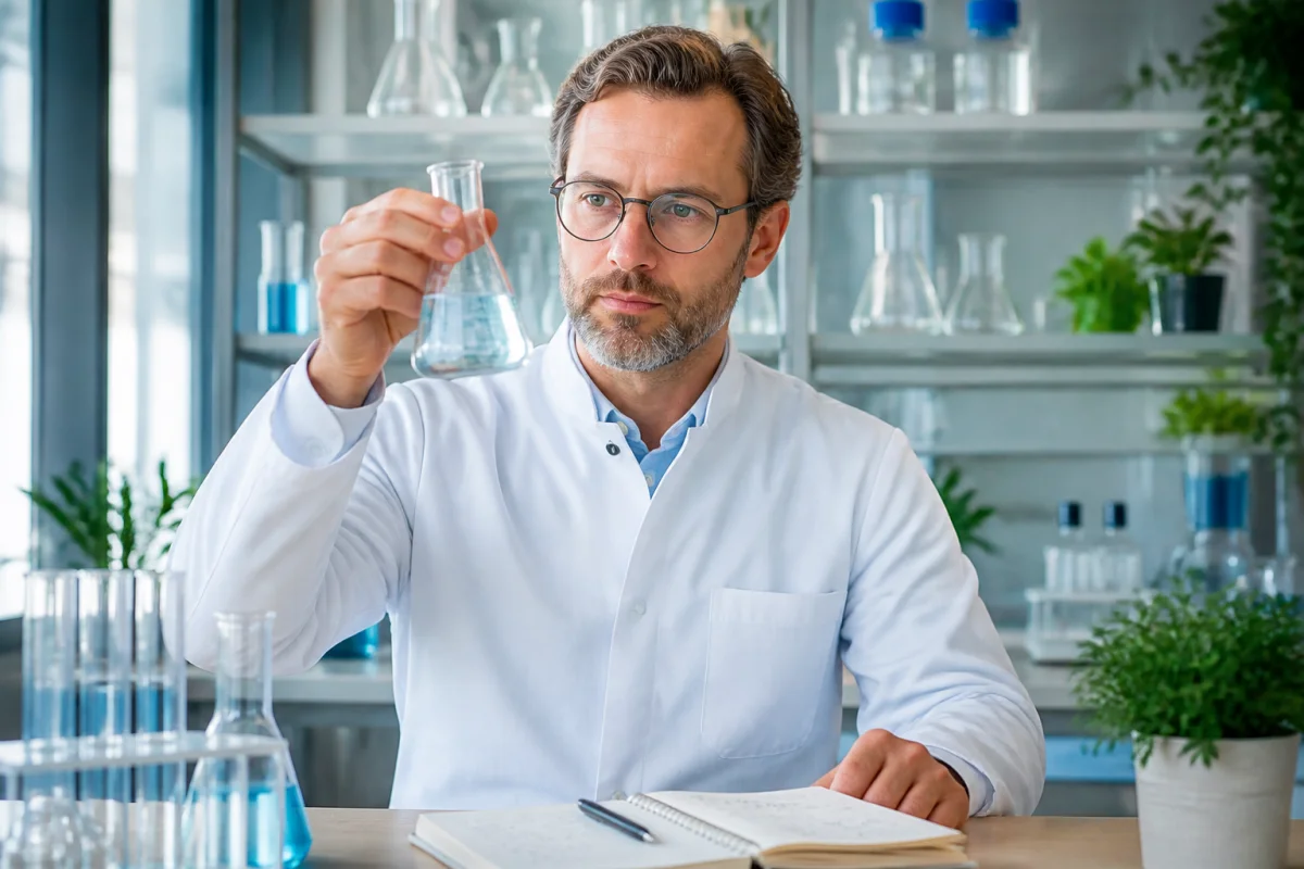 Scientifique en blouse blanche examinant une fiole dans un laboratoire moderne pour illustrer notre avis sur Dawtox.