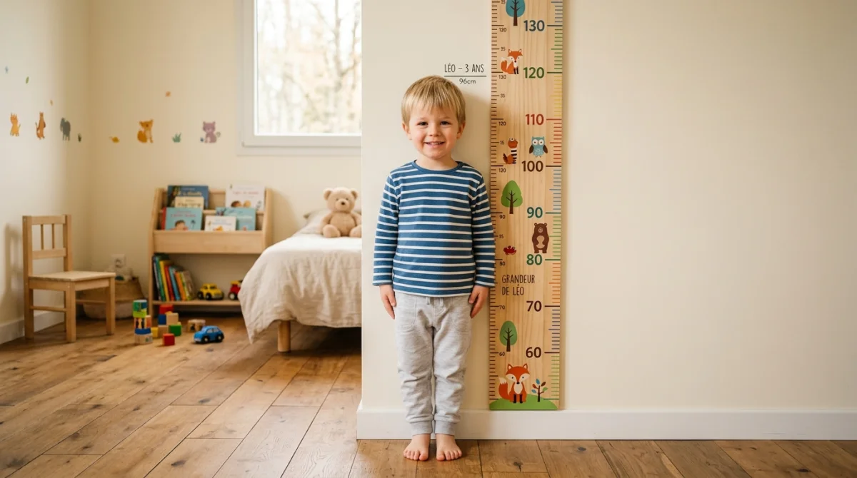 Enfant de 3 ans mesurant sa taille devant une toise murale colorée dans une chambre lumineuse.