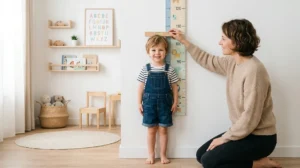 Un parent mesure la taille moyenne d'un enfant de 3 ans contre une toise murale dans une chambre lumineuse.