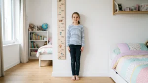 Jeune fille souriante se mesurant contre une toise murale pour illustrer la taille moyenne d'une enfant de 11 ans.