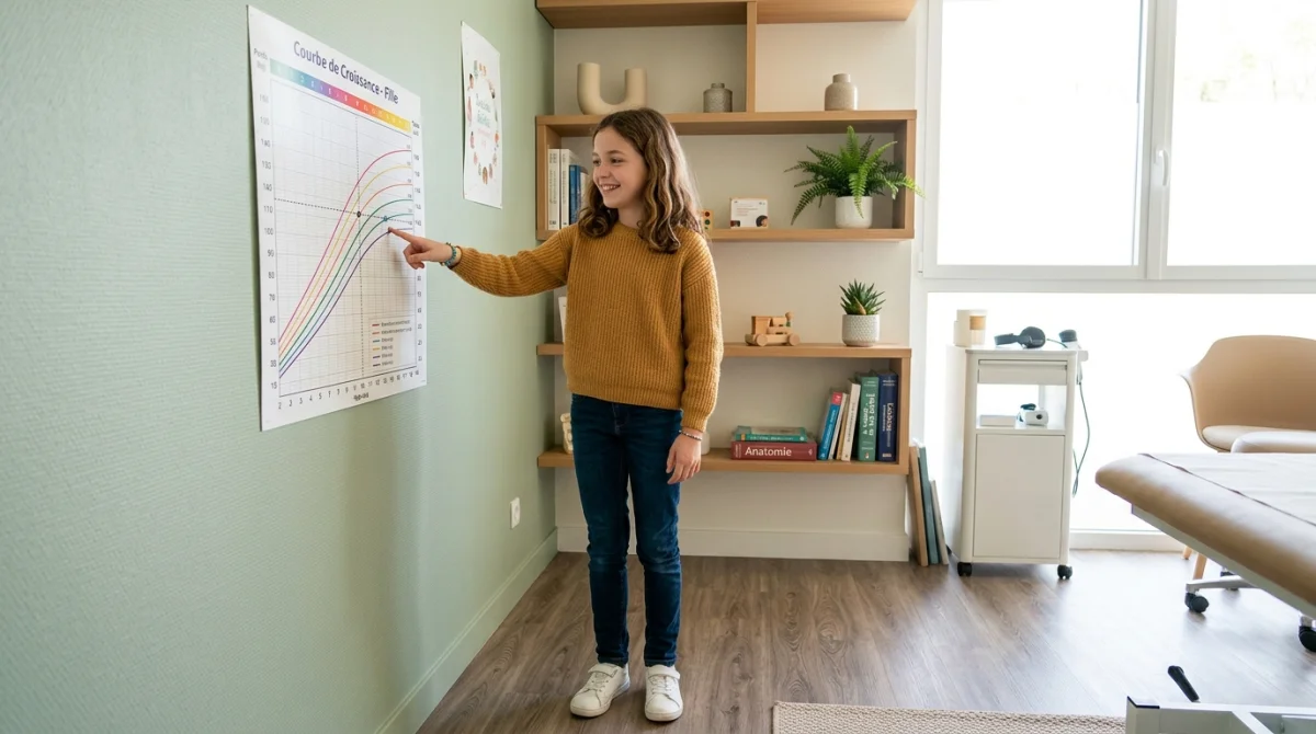 Jeune fille de 11 ans souriante consultant un graphique de croissance dans un cabinet médical moderne et lumineux.