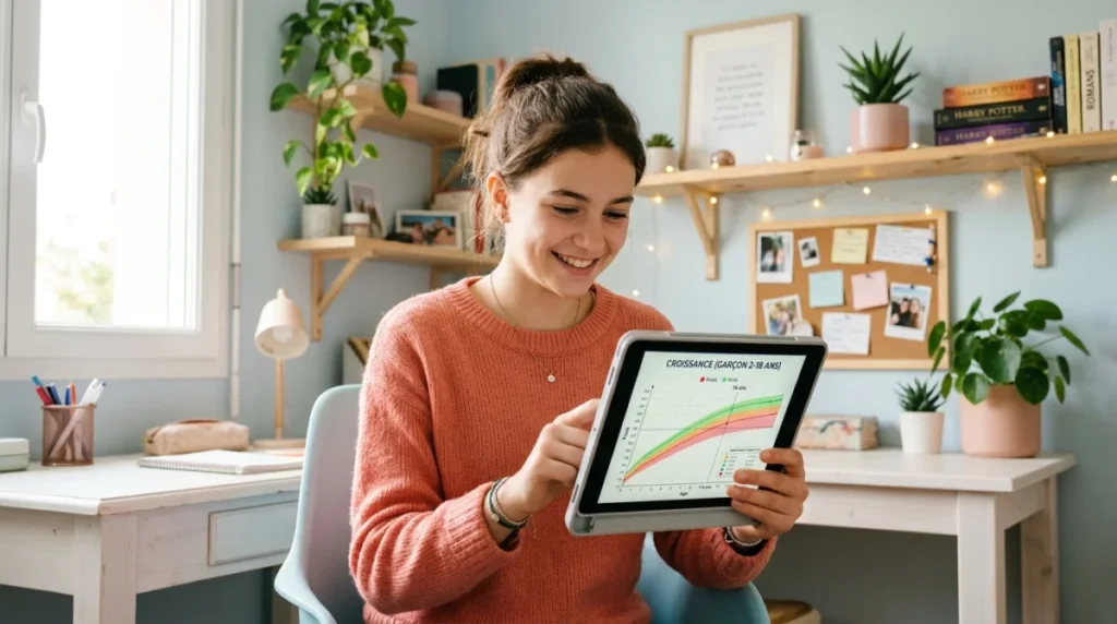 Adolescente souriante consultant une courbe de croissance sur une tablette pour vérifier la taille moyenne fille 14 ans.