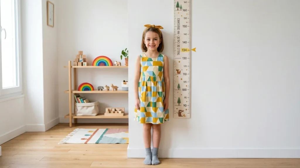 Fillette souriante de 9 ans se mesurant devant une toise murale dans une chambre lumineuse et épurée.