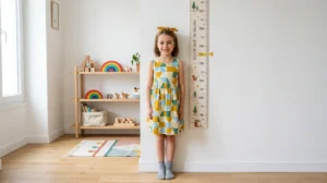 Fillette souriante de 9 ans se mesurant devant une toise murale dans une chambre lumineuse et épurée.
