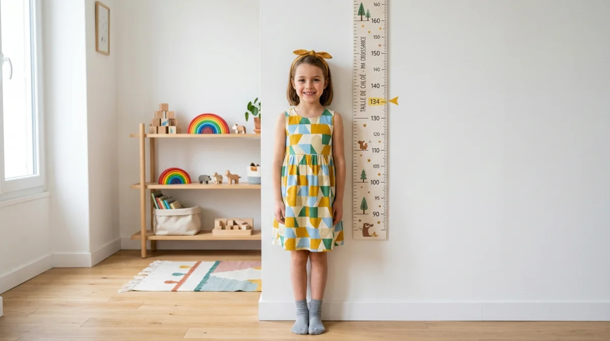 Fillette souriante de 9 ans se mesurant devant une toise murale dans une chambre lumineuse et épurée.