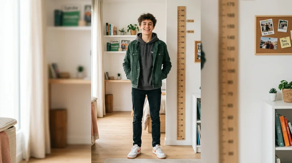 Adolescent souriant debout devant une toise murale pour illustrer la taille moyenne d'un garçon de 16 ans.