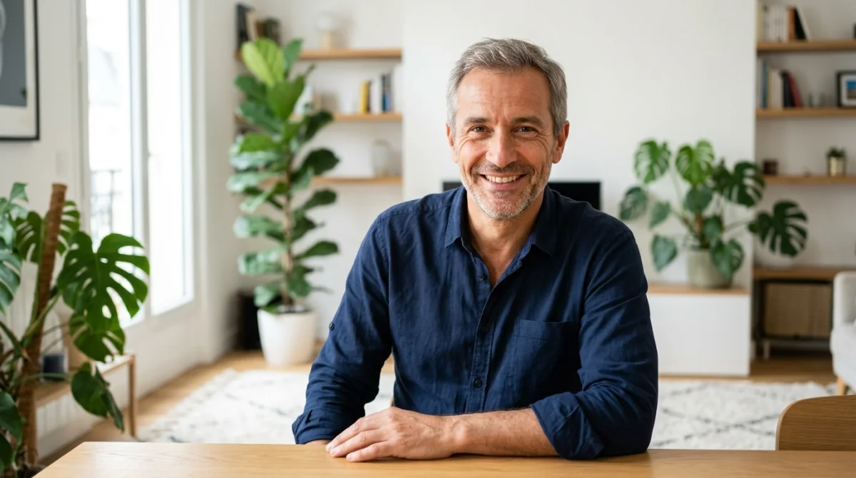 Homme d'âge mûr souriant et confiant dans un intérieur moderne, illustrant les avis positifs sur Virile Flow.