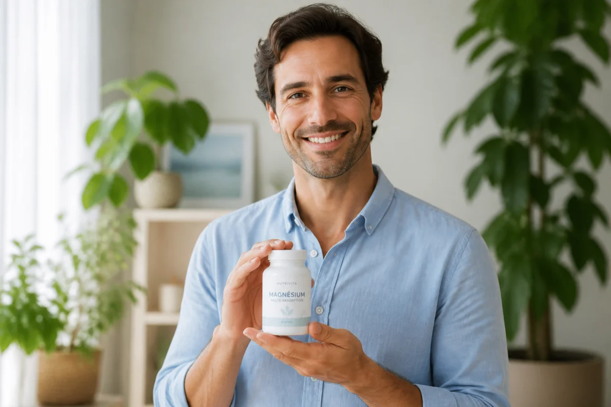 Personne souriante tenant un flacon de complément alimentaire Noobiotik dans un intérieur lumineux pour notre avis expert.