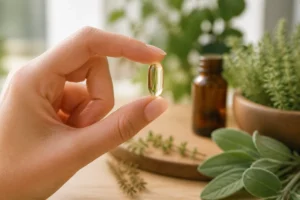 Main tenant une gélule de complément alimentaire Noobiotik sur un fond naturel pour un avis santé bien-être.