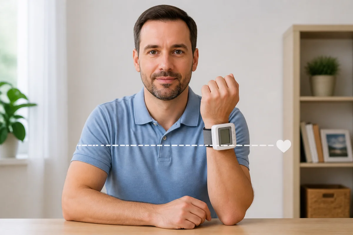 Adulte assis mesurant sa tension avec un tensiomètre au poignet, bracelet correctement placé au niveau du cœur