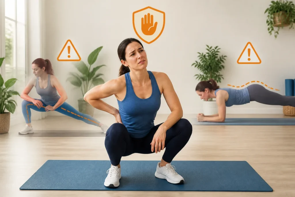 Adulte interrompant un squat profond, illustrant les mouvements à éviter en cas de cruralgie dans une salle de sport lumineuse