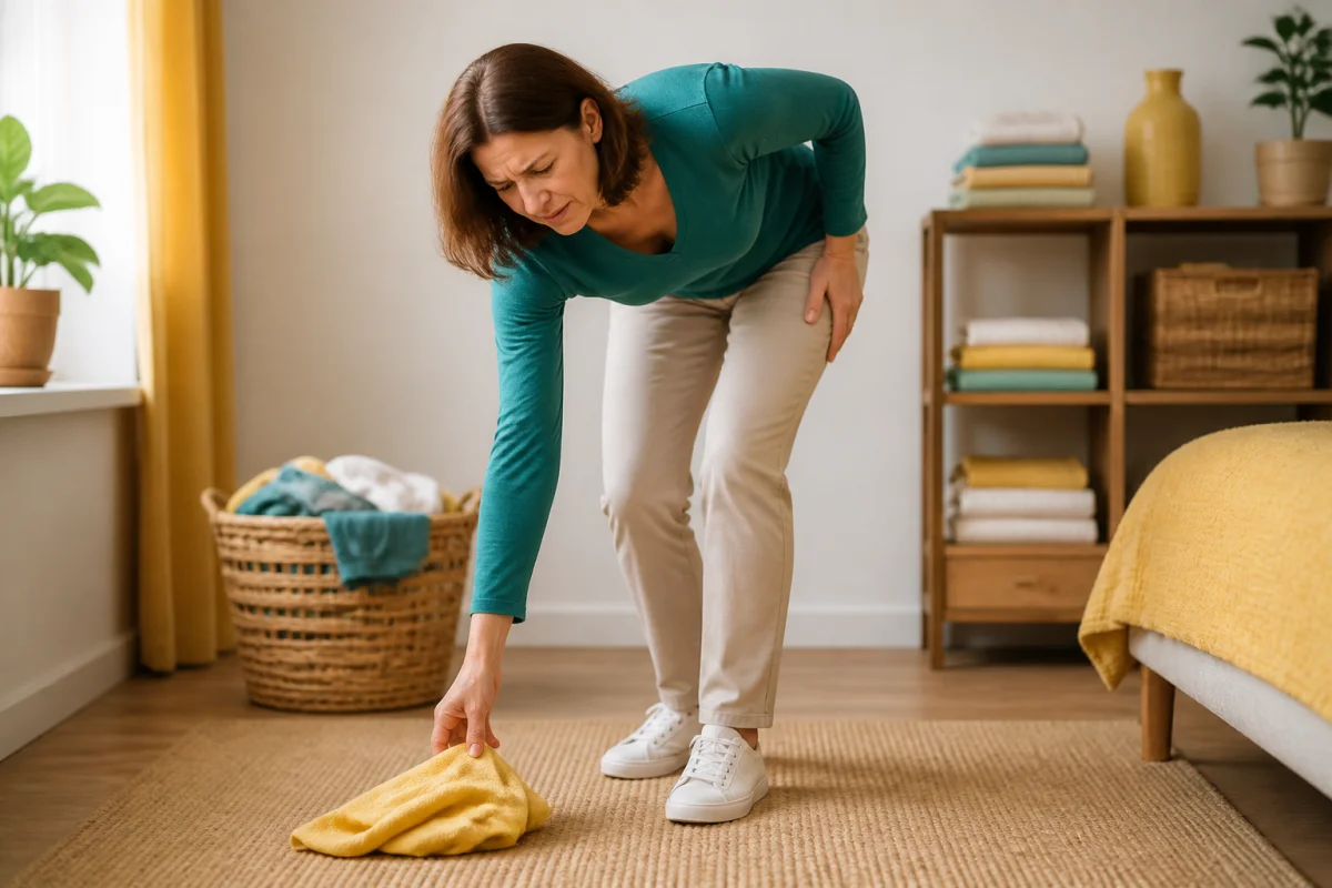 Cruralgie : adulte se penchant pour ramasser un objet, posture contraignante et main sur la cuisse signalant une gêne douloureuse