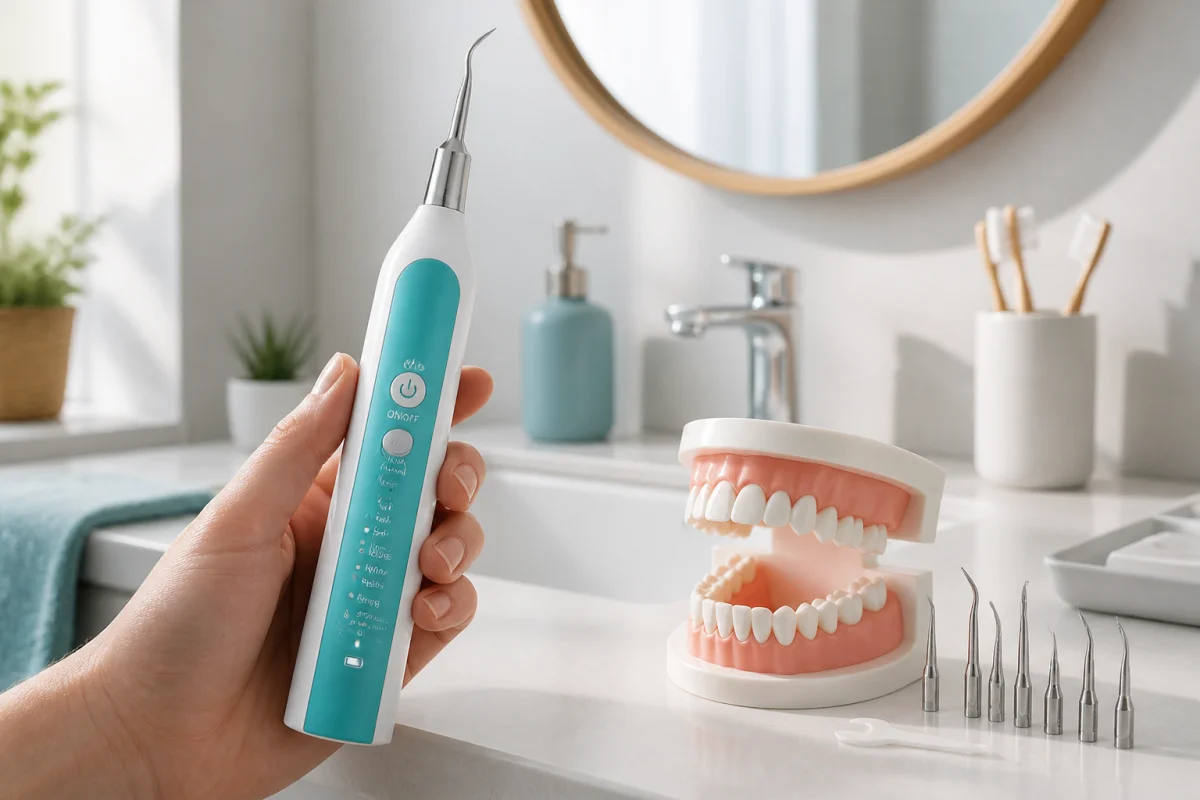 Détartreur dentaire à ultrasons devant une maquette de dents, illustration de Dentica avis et de son efficacité mécanique