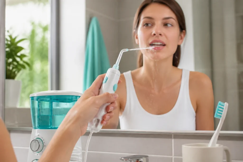 Hydropulseur dentaire utilisé avec précaution dans une salle de bains, illustrant les avis Dentica sur son confort et son efficacité