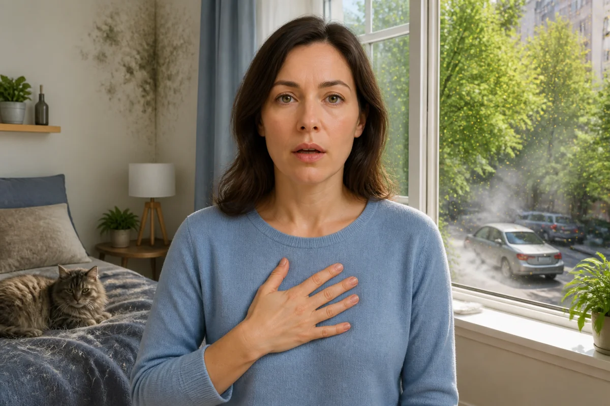 Peut-on devenir asthmatique du jour au lendemain : adulte tenant sa poitrine face à des allergènes et polluants