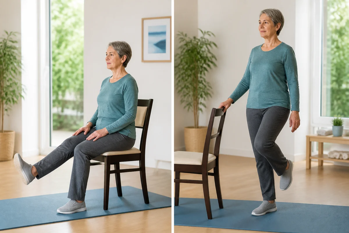 Adulte pratiquant un exercice d’équilibre sécurisé près d’une chaise pour soulager les vertiges