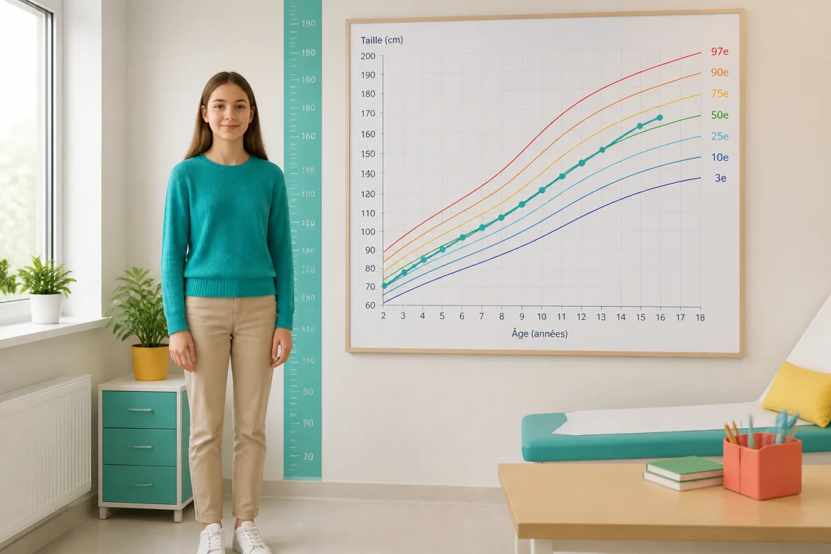 Adolescente de 15 ans observant une courbe de croissance des percentiles dans un cabinet médical pédiatrique lumineux