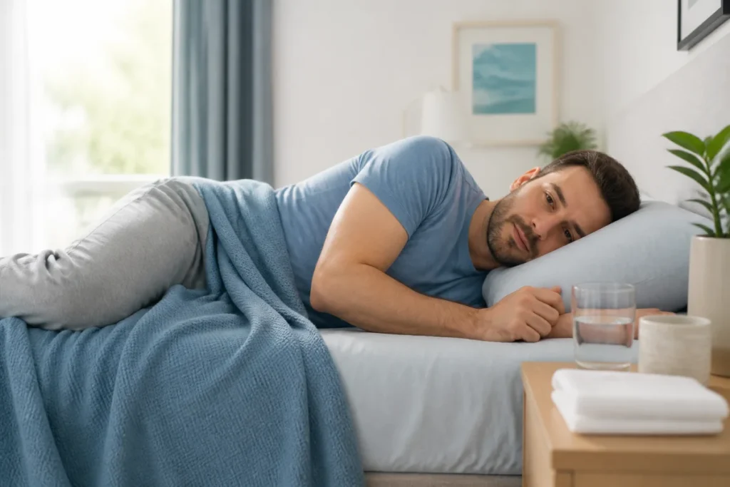 Adulte allongé sur le côté dans une chambre calme, après un épisode de vertiges et de nausées